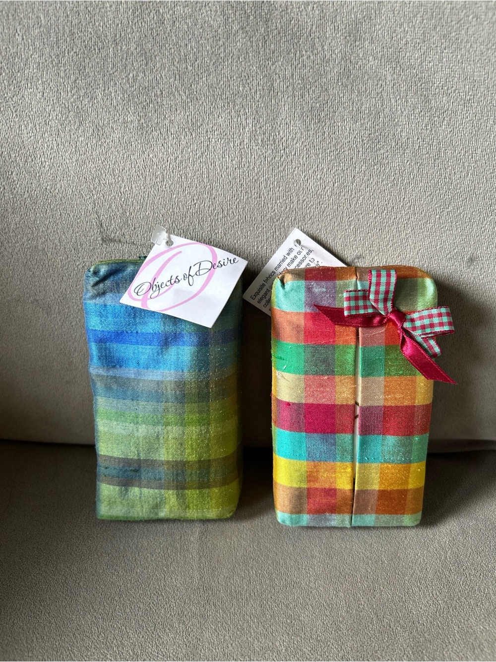 NWT Objects of Desire Hand Crafted Silk Plaid Purse Tissue Pouch Cases - 2